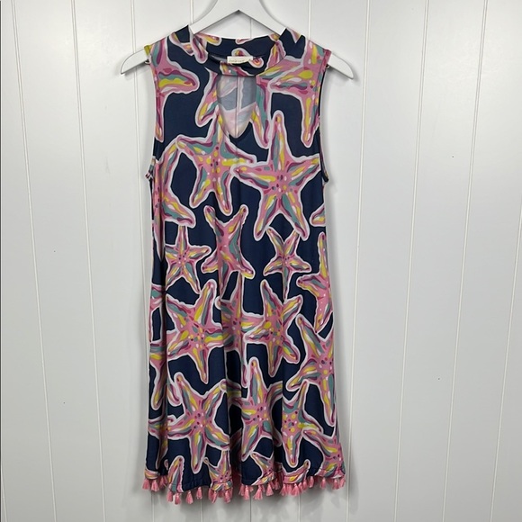 Simply Southern Mini Dress M Blue Pink Starfish Pattern Pockets Keyhole Front - Picture 1 of 12